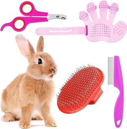 Patelai 4 Pieces Bunny Grooming Kit: Rabbit Nail Clipper, Rabbit Brush, Hair Remover, Shampoo Brush with Adjustable Ring Handle for Rabbits, Hamsters(Pink, Red)