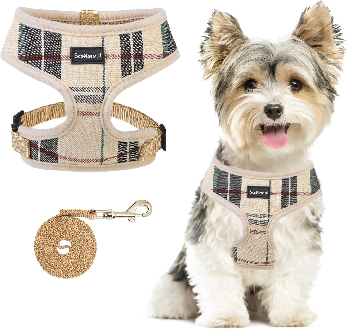 SCENEREAL Puppy Dog Harness with Leash Set for Small Medium Sized Dogs, Soft Mesh Step in Pet Harnesses and Leash, No Chock Plaid Adjustable No Pull Vest for Dogs Cats, Chihuahua,Bulldog (Beige S)