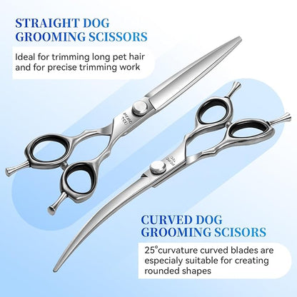 Dog Grooming Scissors Set 3 in 1 with Straight, Curved, Thinning Scissors and Comb Stainless Steel Dog Shears for Grooming Pets and Cats,Sharp and Durable