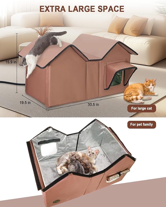 Extra Large Heated Cat House for Outside, Elevated Waterproof Outdoor Cat House Weatherproof for Winter, Insulated Outdoor Cat Shelter with Escape Doors and Heating Pad for Multiple Cats, Brown