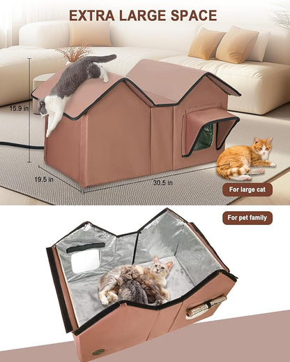 Extra Large Heated Cat House for Outside, Elevated Waterproof Outdoor Cat House Weatherproof for Winter, Insulated Outdoor Cat Shelter with Escape Doors and Heating Pad for Multiple Cats, Brown