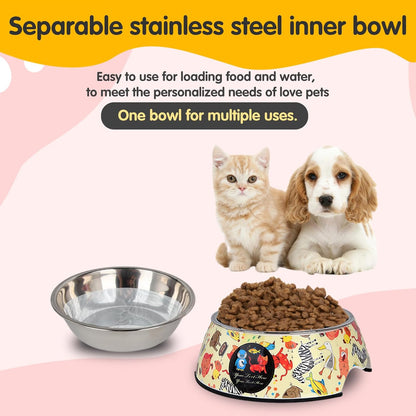 Pet Cats Dogs 2 in 1 Food Water Bowls - Non Slip Skid Proof Heavy Duty Pet Cats Dog Food Water Bowls for Feeding Drinking Small Medium Large Dogs Cats Puppies- Cartoon Animal World-S