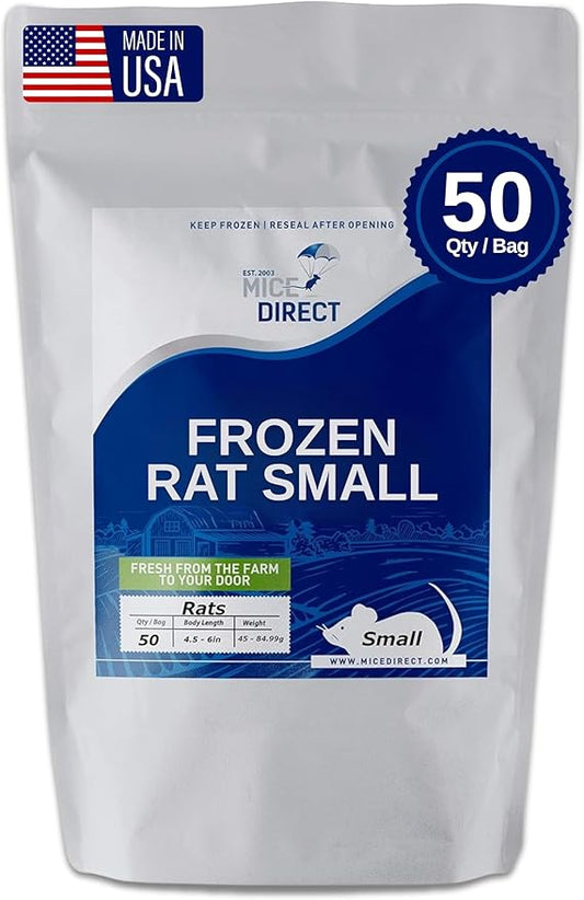MiceDirect EST. 2003 50 Frozen Rat Small Feeders Snake Food for Adult Ball Pythons and Red Tail Boas Lizards Monitors (4.5-6 in)(2250 Grams Min)
