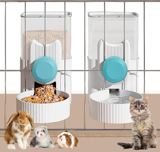 kathson Hanging Automatic Pet Food and Water Dispenser,Gravity Auto Rabbit Feeder for Cage,Guinea Pig Feeder and Waterer Set,Cat Food Bowl Dog Feeding Station for Bunny,Ferret,Chinchilla (Blue)