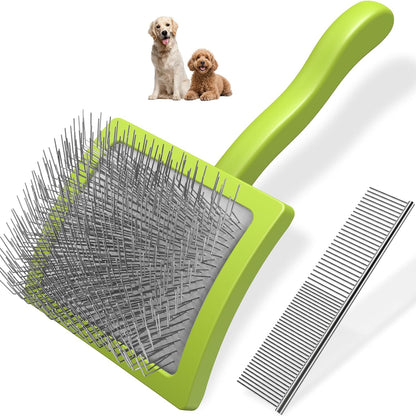 2PCS Slicker Brush for Dogs & Pet Comb,Professional Dog Grooming Brush (Goldendoodles,Poodles,Labradoodles) with Extra Long Pins to Effectively Remove Tangles, Knots and Mats (Green Large)