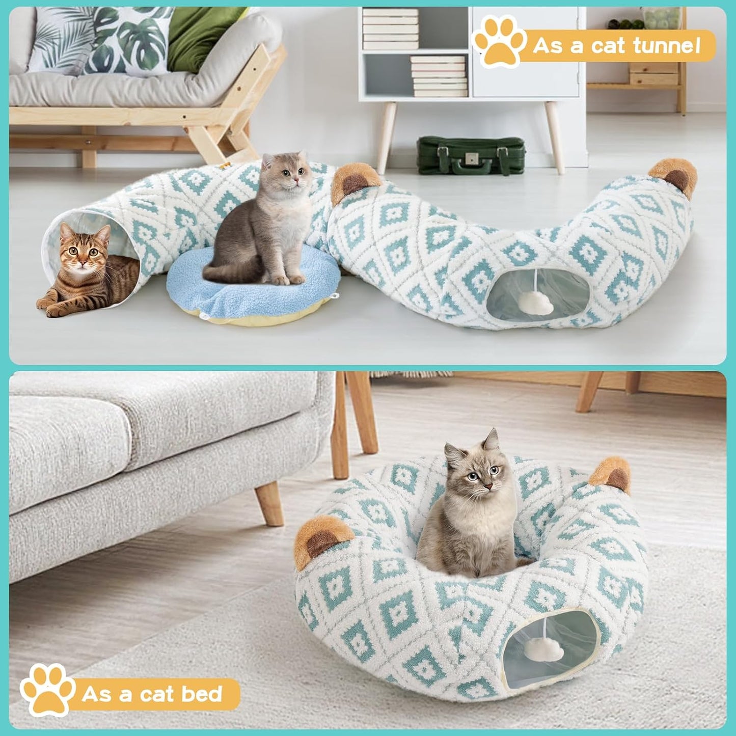 Cat Tunnel Bed with Soft Cushion, Cat Donut Tunnels for Indoor Cats, Peekaboo Cat Cave Toy, Multifunctional Playground Toys for Kittens, Rabbit, Blue Jacquard Pattern