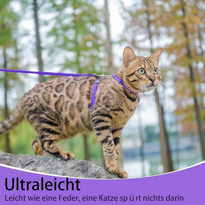 PUPTECK Adjustable Cat Harness and Leash Set Escape Proof Kitten Strap Collar for Walking Travel, Purple, M