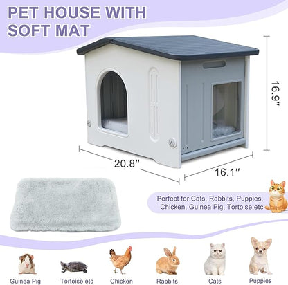 Plastic Cat House Weatherproof for Outdoor Indoor Use, Feral Cat House with Escape Door and Soft Mat, Outside Cat Shelter for Small Pet, Spacious, Assemble Easily - Grey