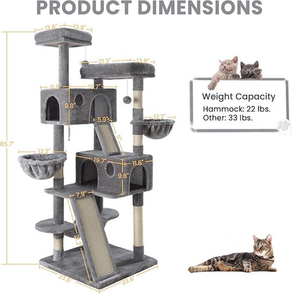 SHA CERLIN 65in Larger Cat Tree Tower Condo for Indoor Kitties/Multi-Level Furniture Activity Center with Wide Base/Cozy Plush Cat Perches/Baskets/Sisal Scratching Posts and Hammock/Grey
