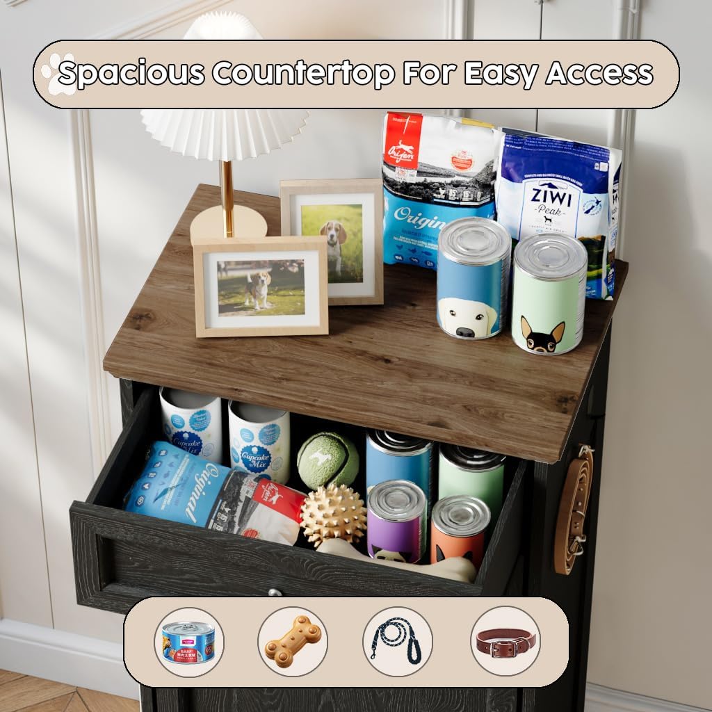 FIMELLO 13 Gallons Dog Feeding Station, Tilt-Out Dog Food Storage Cabinet with Drawer,Pet Feeder Cabinet,Black Oak