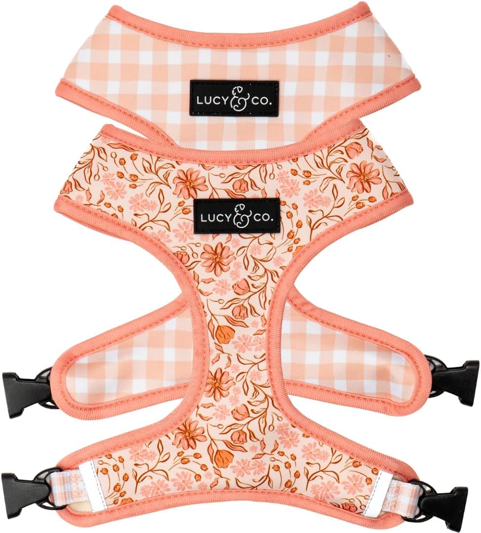Lucy & Co. Cute Reversible Dog Harness Walking Halter - Best Designer Pet Harnesses for XS - XL Dogs - Padded Adjustable Vest for Easy Walking-Small-Peach Pink Floral Plaid