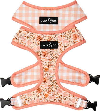 Lucy & Co. Cute Reversible Dog Harness Walking Halter - Best Designer Pet Harnesses for XS - XL Dogs - Padded Adjustable Vest for Easy Walking-Small-Peach Pink Floral Plaid