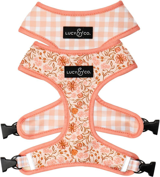Lucy & Co. Cute Reversible Dog Harness Walking Halter - Best Designer Pet Harnesses for XS - XL Dogs - Padded Adjustable Vest for Easy Walking-Small-Peach Pink Floral Plaid