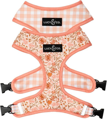 Lucy & Co. Cute Reversible Dog Harness Walking Halter - Best Designer Pet Harnesses for XS - XL Dogs - Padded Adjustable Vest for Easy Walking-Medium-Peach Pink Floral Plaid