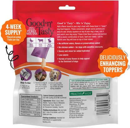 Good 'n' Tasty Triple Flavor Puree Mix-Ins Dog Food Topper Treats for All Dogs, 28 Count, Easy Single-Serve Portions, Added Protein with Duck, Beef and Rabbit, No Chicken Added