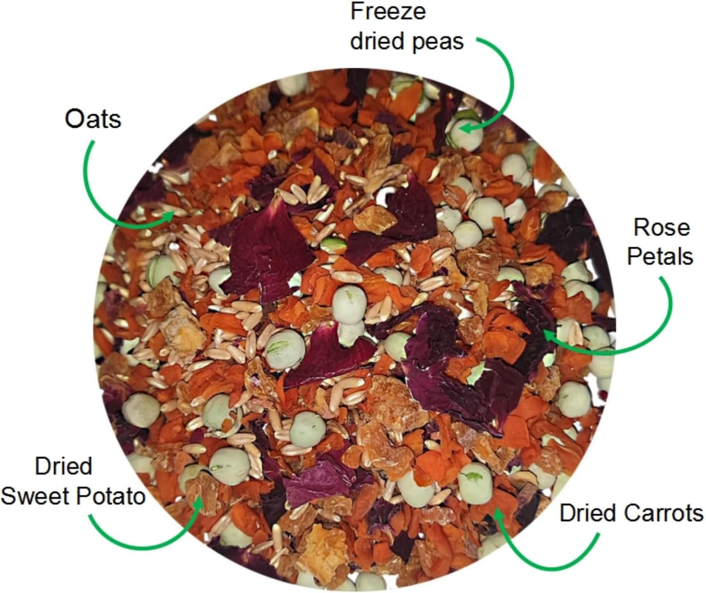Chinchilla Food - 8oz Natural Treat Mix with Carrots, Green Peas, Sweet Potatoes, Oats and Rose Petals - for Squirrels, Rabbits, and Small Herbivores