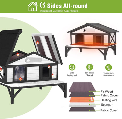 GUTINNEEN Heated Cat House for Outside Large Outdoor Cat House Insulated Weatherproof Feral Cat Shelter with Heating Pad, Insulated Thermal Liner, Chewproof Cable for 1-4 Cats, Winter-Ready (Black)