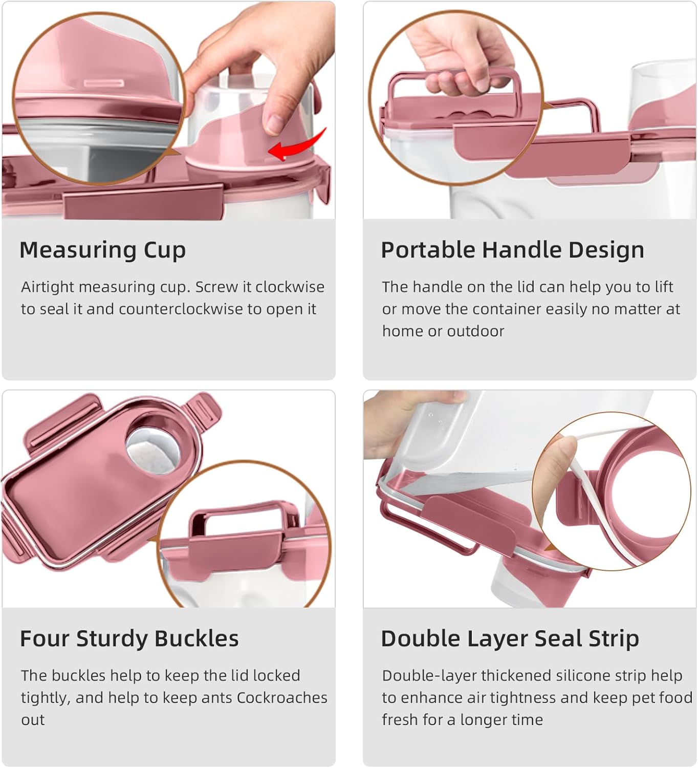 5-7Lbs Small Cat Dog Food Storage Containers BPA Free, Airtight Pet Food Storage Containers with Large Pour Spout/1 Measuring Cup/ 4 Safety Locks and With Folding Bowl (Rose Pink)