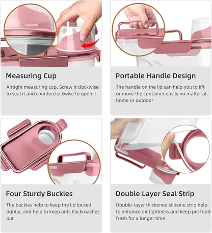5-7Lbs Small Cat Dog Food Storage Containers BPA Free, Airtight Pet Food Storage Containers with Large Pour Spout/1 Measuring Cup/ 4 Safety Locks and With Folding Bowl (Rose Pink)