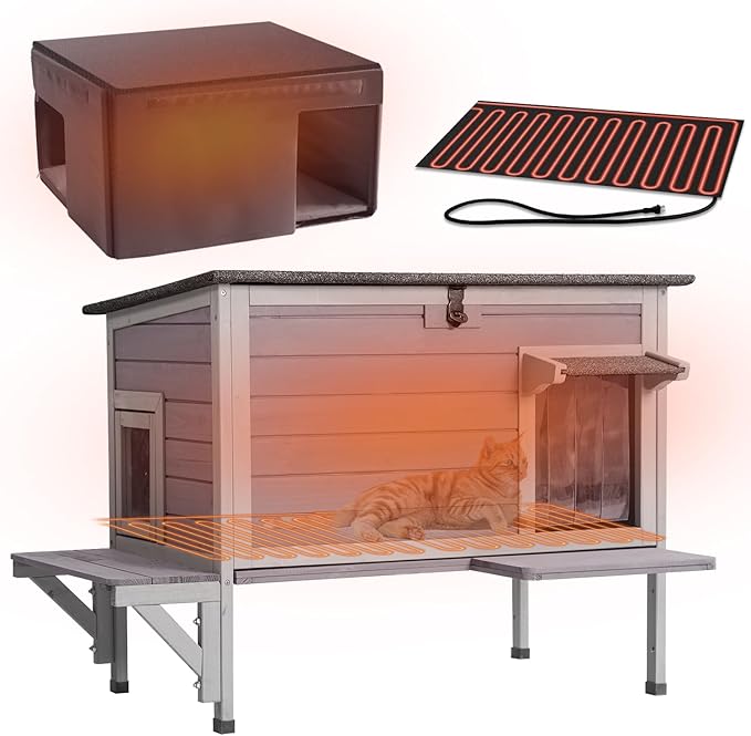 GUTINNEEN Heated Cat House with Anti-Chewing Cable Insulated Cat House Outdoor Weatherproof with Liner Feral Cat Shelter with Heater