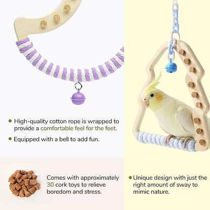Natural Bird Swing - Tree-Shaped Parrot Perch with Bell and Cork Toys, Spinning Wooden Stand for Parakeets, Budgies, Lovebirds and Small/Medium Birds (White + Green)