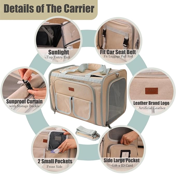 Khaki Dog Carrier Airline Approved,Small Puppy Bag Cats Carriers Soft,Softsides Expandable,Rabbit Bunny Pets Travel Carriers Small Animals Outdoor Carry Kennel