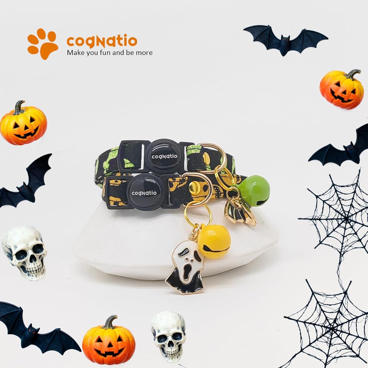 2 Pack Cotton Breakaway cat Collars with Bell,Safety Quick Release Pendant Cute Kitten Collar,Adjustable 20-30cm (Halloween2, 20-30cm)