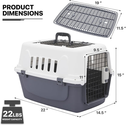 MoNiBloom 22-Inch Dog Crate Plastic 2-Door Top Loading Cat Carrier, Hard-Sided Dog Travel Carrier for Small Dogs and Cats, Ventilation and Security Lock Design for Pets up to 22 lbs (Grey)