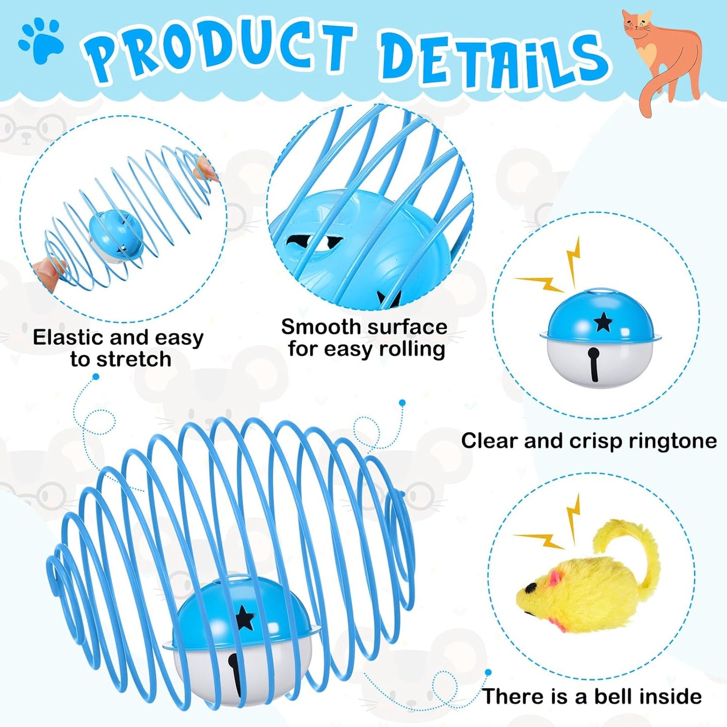 Jecery 5 Pcs Halloween Cat Spring Balls Toys Stretchable Rolling Balls Colorful Playful Coils Interactive Spring Action Toy Caged Rats for Kitten Cat Pet Supplies(Mouse and Bell,Multicolor,5 Pcs)