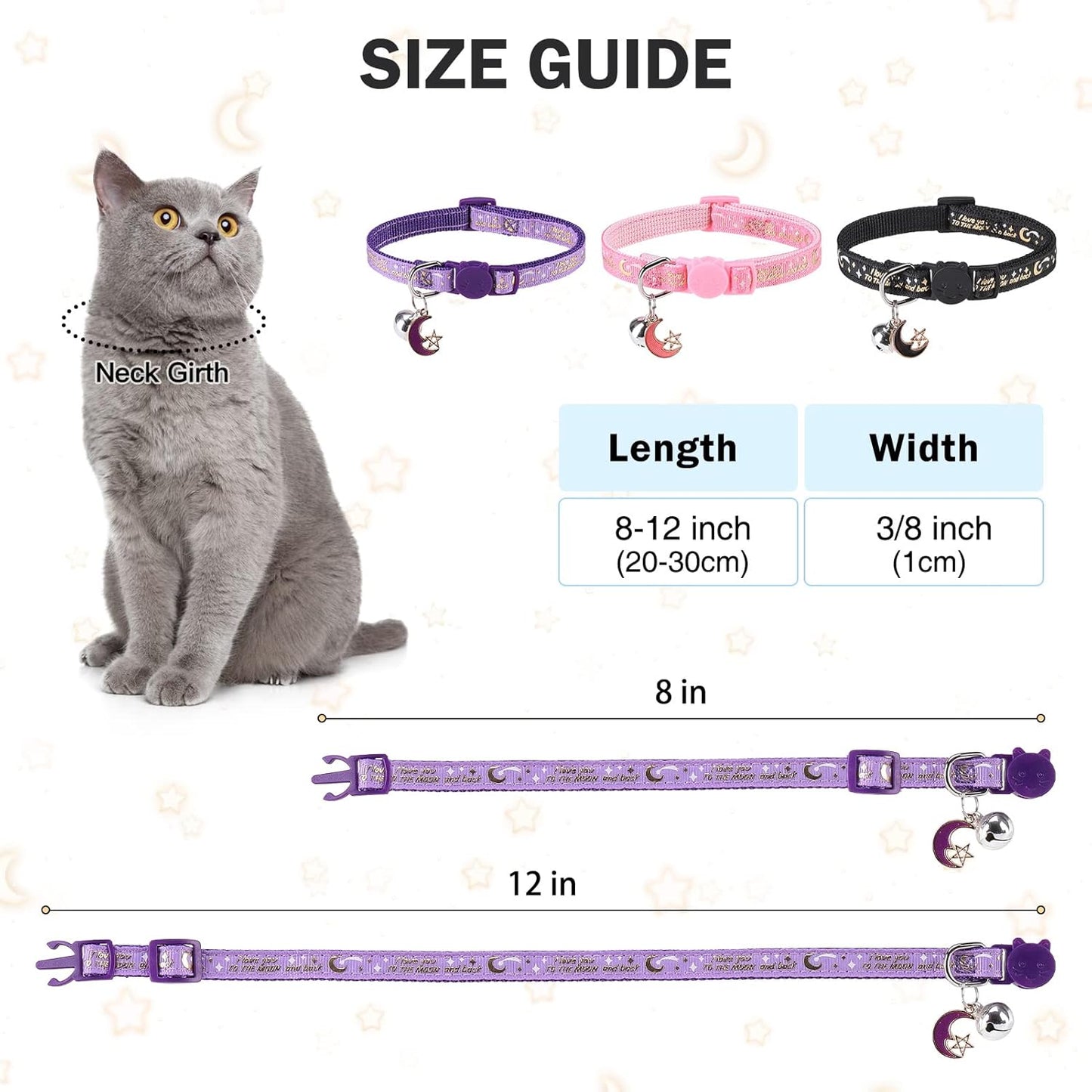 Cat Collar with Bells Breakaway, 3 Pack Moon and Star Cat Collar Reflective, Cute Kitten Collars with Pendant Glow in The Dark for Girl Boy Cats, 8"-12" Adjustable Safe Dog Puppy Kitty Collar