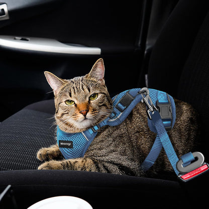 Cat Harness and Leash Set for Walking Escape Proof, Improved Four Place Adjustable Cat Car Harness, Soft Kittens Vest with Reflective Strip for Cats, Comfortable Outdoor Vest, Blue, XS