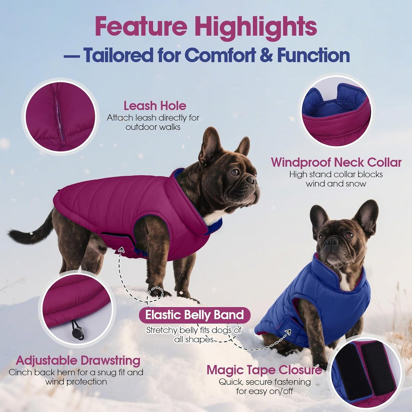 QBLEEV Reversible Dog Winter Coat, Waterproof Windproof Dog Jacket with Adjustable Fit & Leash Hole, Lightweight Warm Puffer Vest for Large Breeds, Purple, 2XL – Fits Labrador, Husky, Weimaraner