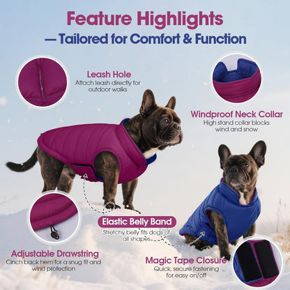 QBLEEV Reversible Dog Winter Coat, Waterproof Windproof Dog Jacket with Adjustable Fit & Leash Hole, Lightweight Warm Puffer Vest for Large Breeds, Purple, 2XL – Fits Labrador, Husky, Weimaraner