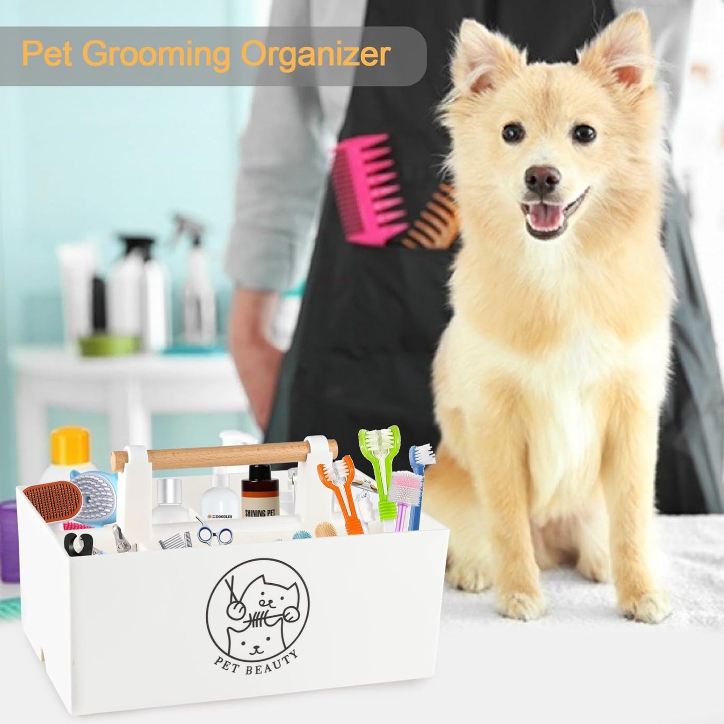 Dog Storage Organizer,Dog Grooming Organizer,Portable Shower Caddy Organizer for Dog Cat Stuff,Divided Basket Bin Storage for Dog Cat Grooming Kit,Shampoo,Trimmer,Clipper,Combo,Brush