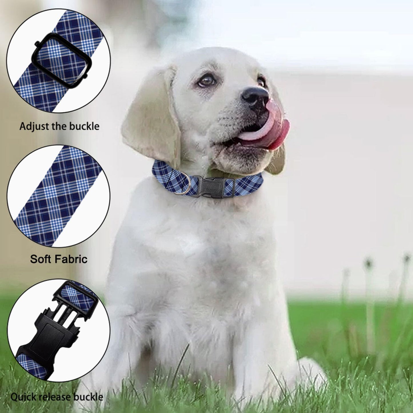 Blue Black Plaid Gingham Dog Collars Soft Adjustable Collar Strap for Small Medium Large Dogs Cats Pet