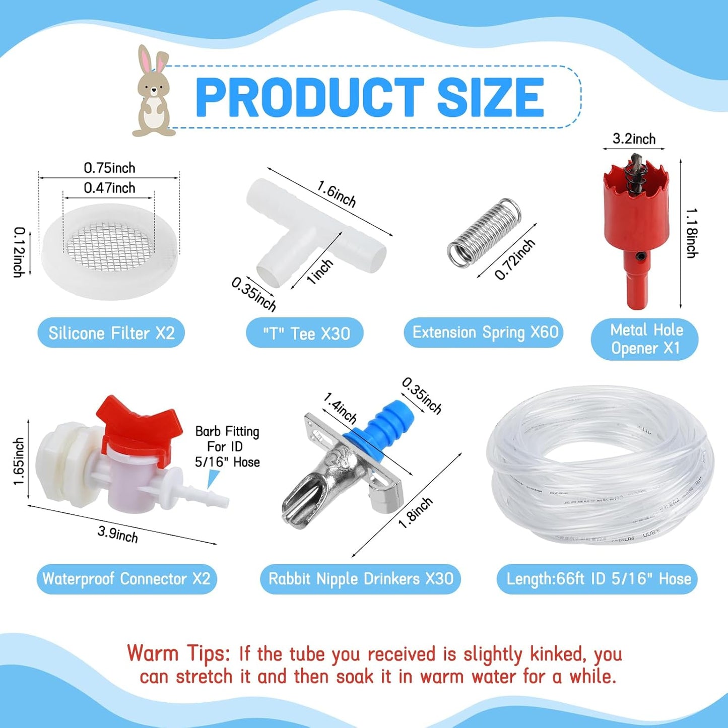 Automatic Rabbit Watering System,Rabbit Waterer Kits-Includes 66 ft 5/16’’Hose,30 PCS Drinking Nipple,Hole Opener,Barb Fittings to G1/2’’Thread Connectors,T-Fittings,Springs,Gaskets