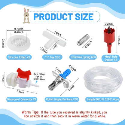 Automatic Rabbit Watering System,Rabbit Waterer Kits-Includes 66 ft 5/16’’Hose,30 PCS Drinking Nipple,Hole Opener,Barb Fittings to G1/2’’Thread Connectors,T-Fittings,Springs,Gaskets