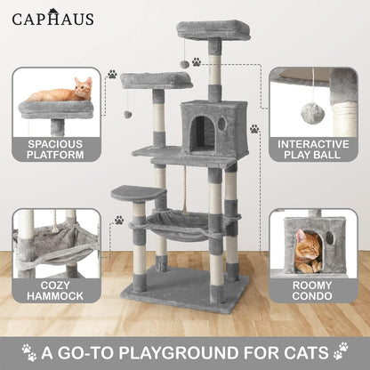 CAPHAUS Extra Wide, Tall Cat Activity Tree w/Two Top Perch, Scratching Posts, Multi-Level Play Tower for Cute Indoor Cats, 58-Inch Modern Cat Tree w/Cat Cave Condo, for Large Cats Kittens