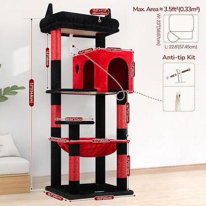 Globlazer Gothic Cat Tree Tower with Scratching Post for Indoor Cats, 53inch Tall Plush Multi-Level Cat Climbing Tower Condo with Large Hammock, Spacious Cat Cave, Padded Top Perch, F53, Red Black