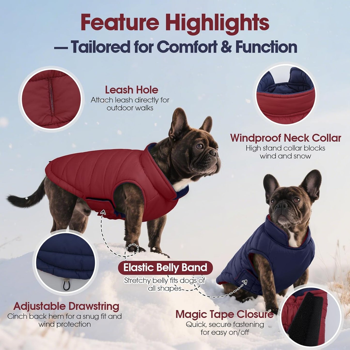 QBLEEV Reversible Dog Jacket for Small Dogs, Waterproof Windproof Warm Winter Coat with Adjustable Fit & Leash Hole, Lightweight Reversible Puffer Vest, Wine Red, S – Fits Yorkie, Shih Tzu