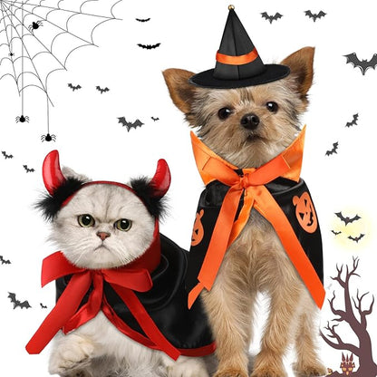5 Pcs Cat Halloween Vampire Costume Halloween Pet Costume Clothes Set Cat Vampire Cloak Devil Witch Hat Bat Wings Wizard Clothes for Puppy Cosplay Dress up Accessories