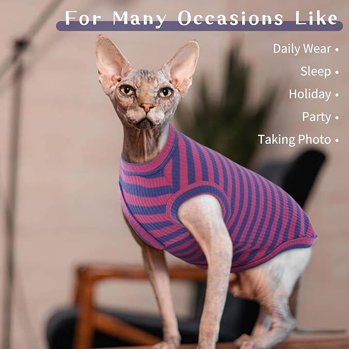 BRKURLEG Sphynx Hairless Cats Shirt Puppy Clothes Soft Cotton T-Shirts Cute Cats Pajamas Cat Stripes Vest Pet Sweater, Round Collar Vest Kitten Shirts(PinkBlue Stripes, XL)