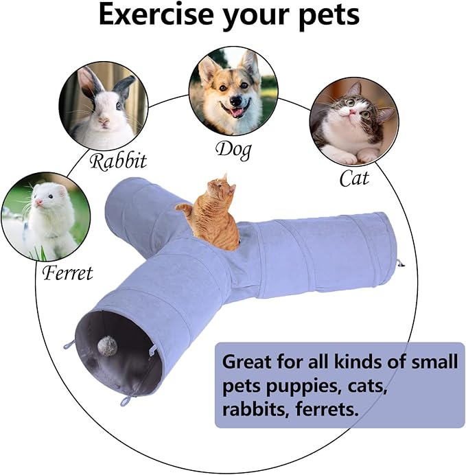 3 Way Collapsible Cat Play Tube Toys with Plush Ball, Indoor Play Tunnel for Puppy, Kitty, Kitten, Rabbit