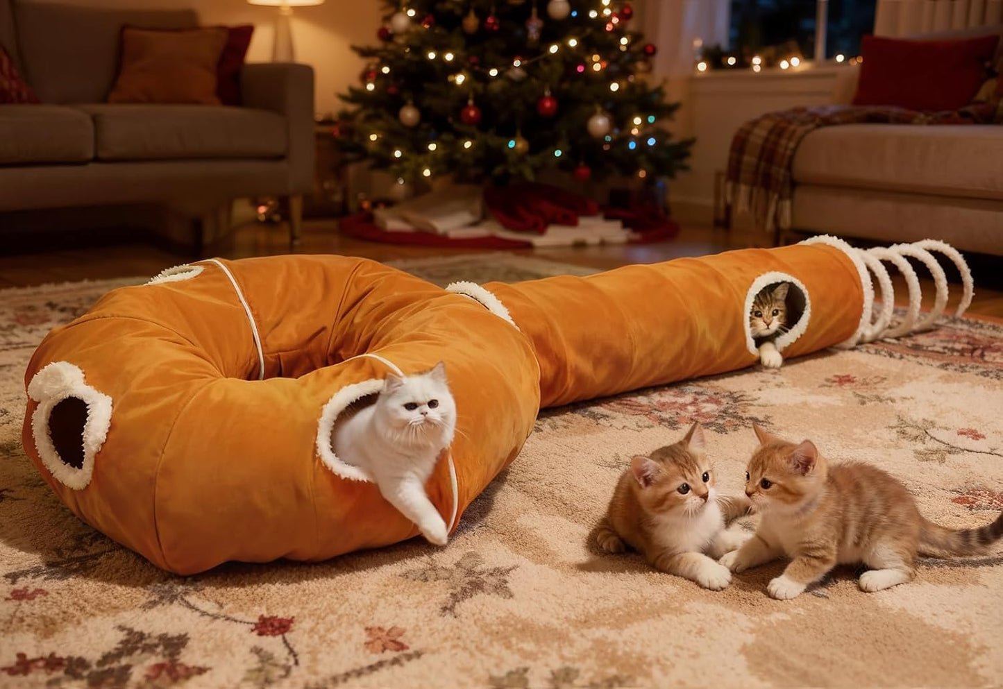 Ownpets 2-in-1 Cat Tunnel Bed, Lollipop Shape Large Cat Tunnel Toy, Plush Foldable Cat Cave Hideout Donut Tunnel for Kitten Rabbit Ferret, Brown