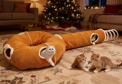 Ownpets 2-in-1 Cat Tunnel Bed, Lollipop Shape Large Cat Tunnel Toy, Plush Foldable Cat Cave Hideout Donut Tunnel for Kitten Rabbit Ferret, Brown