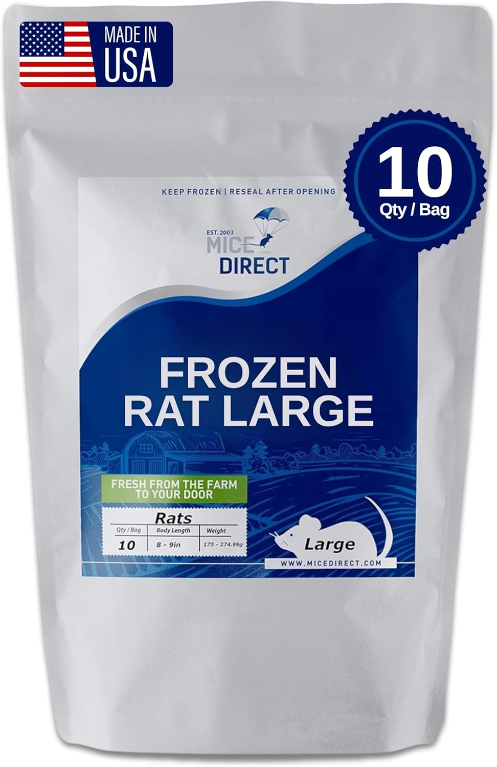 MiceDirect Frozen Rat Large Feeder Food Adult Ball Pythons, Monitors, Lizards & Birds of Prey, 40 Ounce (10 Count)