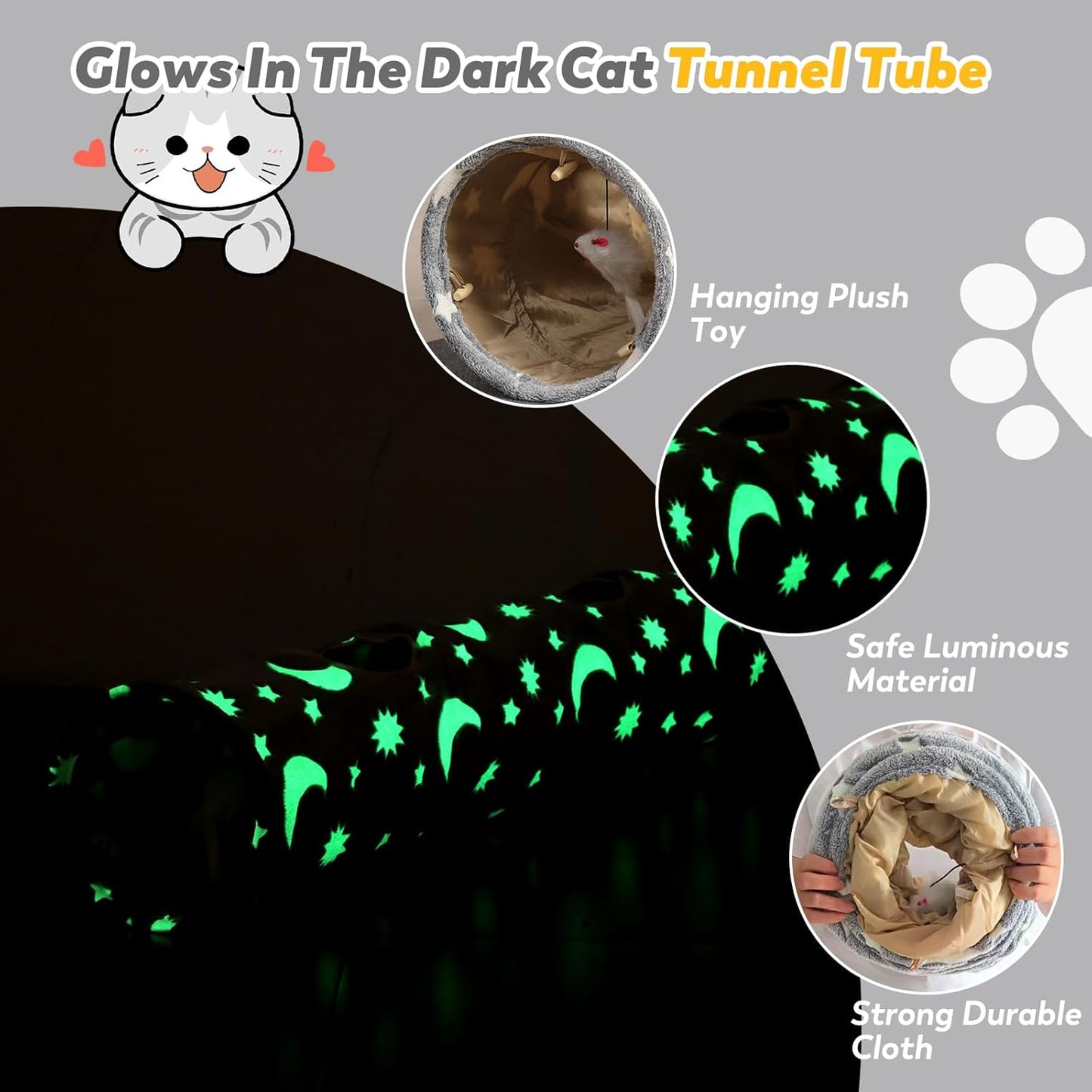 Cat Tunnels for Indoor Cats with Plush Toys Glows in The Dark Dog Cat Tunnel Tube Toys Photoluminescent for Indoor Cats Small Dogs Puppy Kitten Rabbit Bunny Ferret Pet Gray