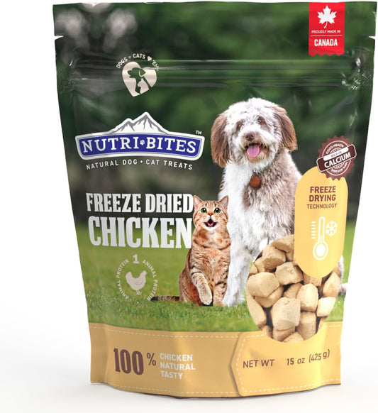 Nutri Bites Freeze Dried Chicken Dog & Cat Treats | Healthy Pet Training Treats or Food Topper | All Natural, 1 Single Animal Protein, High Protein | Premium Bulk Value Pack, 15 oz