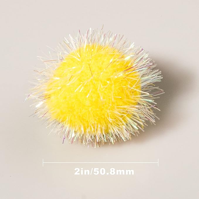 VAPKER 30 Pcs Cat Ball Toys Sparkle Balls Extra Large 2 Inch Cat's Favorite Chase Glitter Ball Glitter Tinsel Pom Poms Balls Yellow Color
