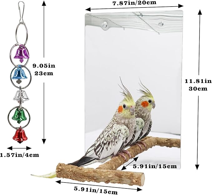 Oooct Large Bird Mirror Toy with Perch Stand, Parrot Parakeet Mirror with Bird Swing Bell Toys, Bird Cage Accessories, Suitable for Parakeet Cockatiel Conure Lovebirds - 11.8 × 7.9 Inch